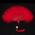 Elegant red feather folding fan with gold-patterned ribs and vintage lace trim - Lace Red Feather Fan