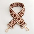 Detail of ethnic geometric jacquard bag strap with golden lobster clasps and adjuster - Pink Coffee Floral