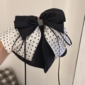 French chiffon bow hair claw clip with black polka dots, crystals and long ribbons - Ponytail Claw Clip / Black and White Polka Dot Bow with Rhinestone