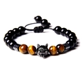 Men's beaded bracelet with natural tiger eye, obsidian beads and a green-eyed wolf head - Type A Obsidian + Yellow Tiger Eye