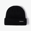 Classic black ribbed knit beanie featuring a stylish woven letter patch in front - One Size / Black