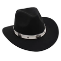 Detail view of a black wide brim cowboy hat with a white vintage patterned leather band - Black