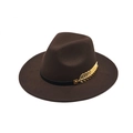 Detailed texture of brown wool felt jazz hat with gold leaf and black ribbon accent - M (56-58cm) / Coffee