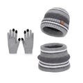 Set invernale da 3 pezzi con cappello a righe, scaldacollo e guanti touch screen grigi - Grigio