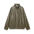 Giacca bomber da donna in ecopelle verde oliva con colletto alto e orlo elastico - XS / Verde oliva