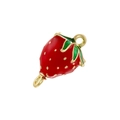 3D red strawberry enamel pendant with green leaves and gold metal accents for DIY jewelry - Gold Red Strawberry