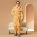 Ensemble pyjama homme en flanelle jaune citron avec robe de chambre et liseré blanc - XL / Jaune Citron Hommes