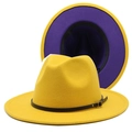 Detail of yellow wool fedora hat with purple underbrim and black leather belt buckle - M (56-58cm) / Yellow & Purple