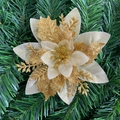 Champagne gold glitter artificial Christmas flower ornament with multi-layered petals - 14.5cm / Gold