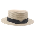 Classic straw boater hat for women with black grosgrain ribbon and bow on white background - Beige