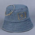 Detail of light blue denim bucket hat featuring F-letter embroidery and distressed edge - M(56-58cm) / Dark Blue