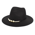Detailed view of black straw fedora hat with elegant white pearl bead accessory. - M / Black