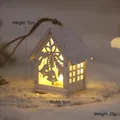 White wooden glowing Christmas house ornament with warm LED light and bow engraving - Small White House - Bell