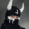 Handmade black crochet balaclava with white devil horns and gothic chain accessories - 57-59cm / Black White Horn with Chain Decoration
