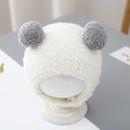 White panda style knit hat with grey pompom ears for kids winter ear protection - Fleece Bear / White