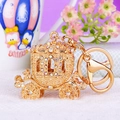 Golden pumpkin carriage keychain with rhinestones and lobster clasp on metal ring - Princess Carriage