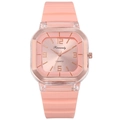 Close-up of pink silicone strap and square rose gold dial on quartz watch - Pink 2