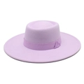 Detail of lavender boater hat showing wide ribbon trim and felt texture on flat top - M (56-58cm) / Taro Purple