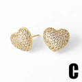 Golden heart stud earrings with full white zircon paving and butterfly back closure - C-Heart Pave Stud Earrings