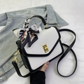 Minimalist black and white contrast leather crossbody bag with decorative silk scarf - Black and White