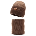 Set berretto e scaldacollo in maglia termica marrone scuro con toppa in pelle di montagna - Taglia unica / caffè