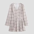 Damen Karo-Minikleid mit V-Ausschnitt, langen Ärmeln, Taillenfalte und A-Linien-Schnitt - XS / Grau Weiß Kariert