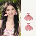 Rosafarbene Herzohrringe mit geschichteten Organza-Rosenblättern für den Urlaub - 15# Silbernadel - Rosa