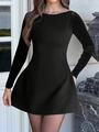 Elegant black long sleeve slim fit A-line mini dress for women with plain design - S / Black