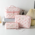 Handheld Clutch Cosmetic Bag / Pink Plaid with Bow