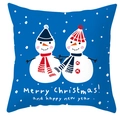 Detailed view of square blue Christmas pillowcase featuring a snowman and holiday greetings - Blue Snowman Illustration Christmas New Year
