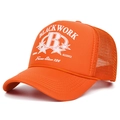Detail of vibrant orange trucker hat with foam front and breathable mesh back - Orange