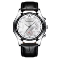 Men's chronograph watch with white dial, black leather strap, and date function - Silver Case White Dial Black Strap