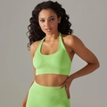 Neon green seamless knit halter sports bra and high-waisted leggings fitness set - Cyan