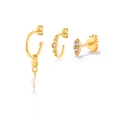 Three-piece golden earring set with white pearl pendant and shimmering zircon crystals - Gold Pearl Zircon Combination Set (#16)