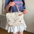 Beige canvas handbag with Autumn Harvest print and pink handles for women - Autumn Leaves