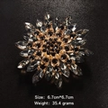 Golden sunflower brooch with grey and black crystals, 6.7cm luxury rhinestone pin accessory - Gray