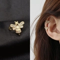 Golden bee ear bone clip earring with white zircon inlay on black silk background - 30024-Gold Rhinestone Little Bee Single