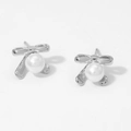 Silver bow stud earrings with white faux pearl drop for women in minimalist style - Bowknot Pearl Style (D2946) / Silver