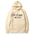 Sweat à capuche en coton beige avec inscription Life Is Short et poche kangourou - Kaki