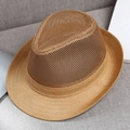 Men's breathable brown straw fedora hat with mesh crown for sun protection and summer style - M Standard 58cm / Khaki