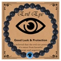 Dettaglio di perle in pietra lavica nera da 6mm con ciondolo occhio blu su cartoncino - Bracciale Pietra Lavica