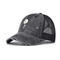 Distressed grey denim baseball cap with mesh back and daisy embroidery on white background - Adjustable / Daisy Black