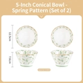 Set of two 5-inch ceramic conical bowls with green leaf pattern and gold rim detail - Spring Pattern / Set of 2
