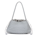 Light gray hand-woven leather tote bag with drawstring closure and intrecciato design - Agate Grey