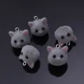 Five pieces of grey flocked cat head charms with pink ears and silver metal loops - Gray Cat Head
