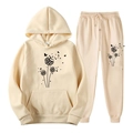 Survêtement beige doublé polaire avec imprimé floral papillon, ensemble sweat et pantalon - S(L) / Haut Et Bas / Khaki 3