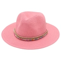 Detail of pink straw Panama hat featuring decorative colorful beads and rhinestone band - One Size / Pink