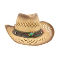 Western style straw cowboy hat with ethnic beads, turquoise decor and gray tassels - One Size / Khaki 2 (Ethnic Style)