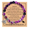 Purple pink zebra bead friendship bracelet with silver elephant charm and gift card - Elephant Charm Purple Agate Strength With Card