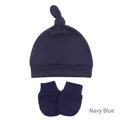 Detail of navy blue newborn knot hat and scratch mittens set in soft cotton knit - Navy Blue Hat and Mittens